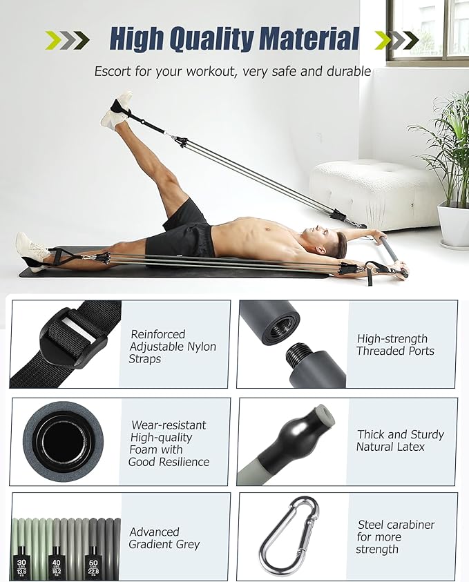 Upgraded Pilates Bar Kit with Resistance Bands Natural Latex for Women & Men, Heavy-Duty Stainless Steel Multifunctional Yoga Pilates Stick for Home Gym Exercise Fitness Equipment Full-Body Workouts - Bloomnest