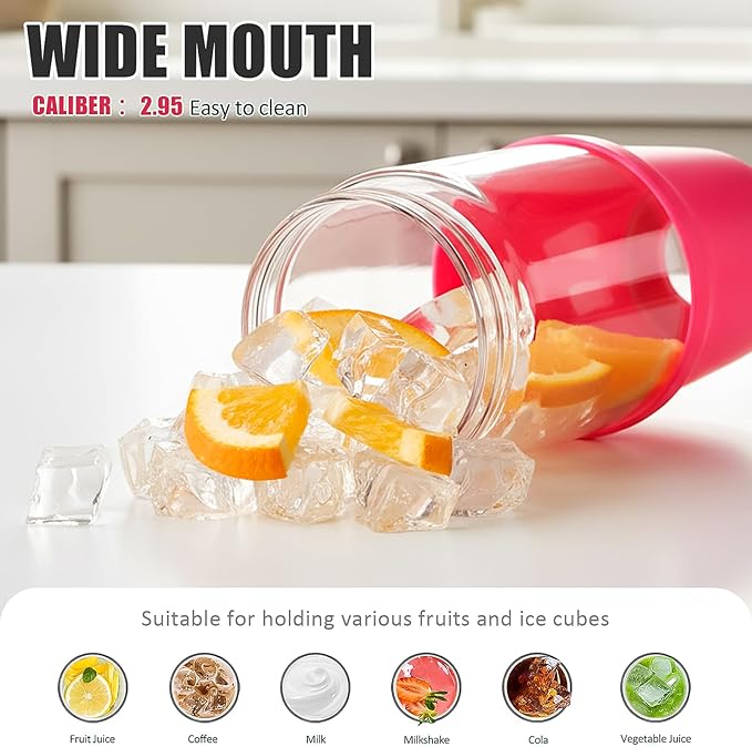 Glass Tumbler with Carry Handle, Clear Glass Water Bottle with Leakproof Lid, Spout Lid&Straw, BPA-Free, 32 oz, Bright Pink - Bloomnest