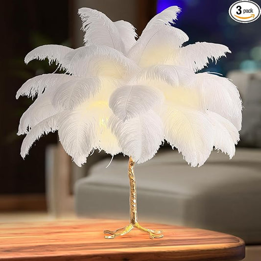 MAYOLA Modern Ostrich Feather Table Lamp with Plug in Wire,3-Light Bedside Floor Lamp for Living Room, Bedroom and Office 24” Tall Feather Desk Lamp (White, Table Lamp-Resin) - Bloomnest