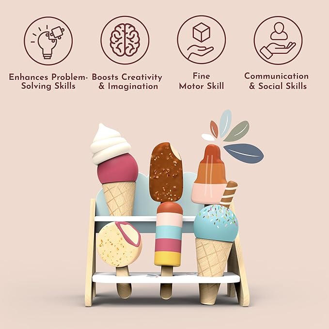 SPEEDY MONKEY Wooden Ice Cream Shop Playset – FSC Certified Pretend Dessert Stand for Kids, Role Play Popsicle Toy Counter, Cones & Scoops Cart, Sweet Treat Ice Cream Parlour for Toddler, Boys & Girls - Bloomnest