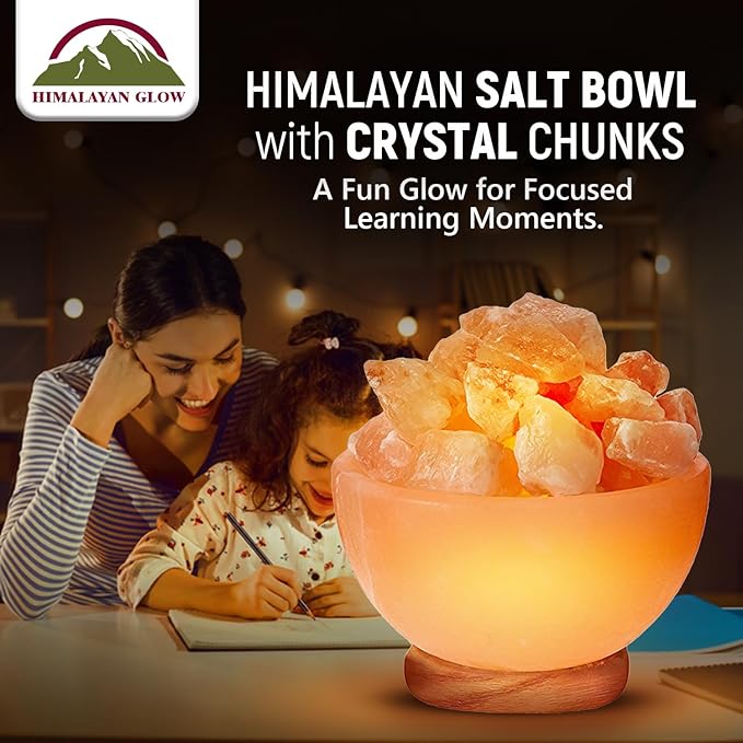 Himalayan Glow Massage Bowl Lamp with Natural Salt Crystal Chunks, Dimmer Cord with Classic Wood Base - Natural Crystal Salt Lamp with Mood Lightening and Night Light - Bloomnest