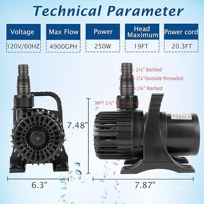 WaterRebirth (4900GPH-250W,UL listed) High Flow Submersible Large Fountain Submersible Water Pond Sump Pump Aquarium Electric Waterfall Pump Outdoor PS-4900 - Bloomnest