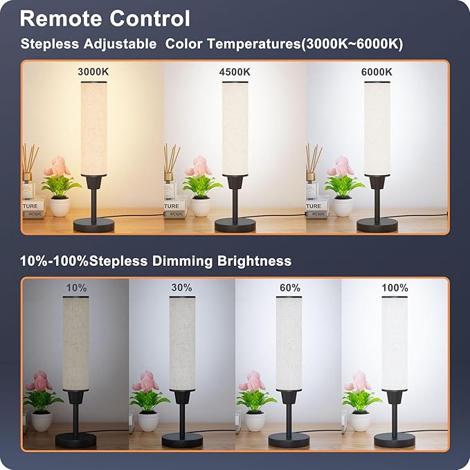 Table Lamp with Remote，Bedside Lamps for Night Stands, Nightstand Lamp with Adjustable Brightness (10%-100%) and Color Temperature (3000k-6000k),Small Lamp for Bedroom (Black - Beige Linen) - Bloomnest