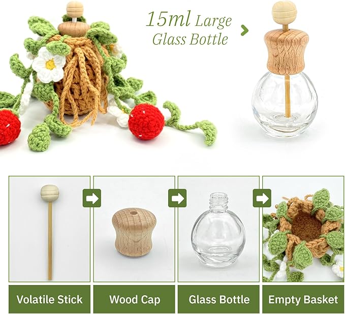 Crochet Car Air Freshener, 15ml Empty Refillable Oil Diffuser Bottle with Hanging Crochet Cute Plant for Car Rearview Mirror Decor Air Freshener Diffuser for Home and Office Decor(Two Strawberry) - Bloomnest