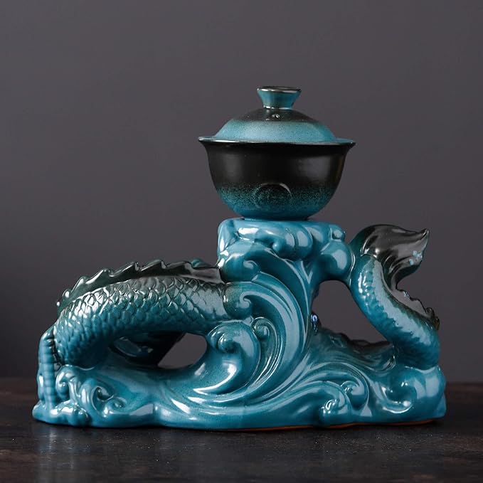 Semi Automatic Tea Set Ceramic Teapot with Infuser Magic Teapot with 8 cups (Light Blue Dragon-D) - Bloomnest