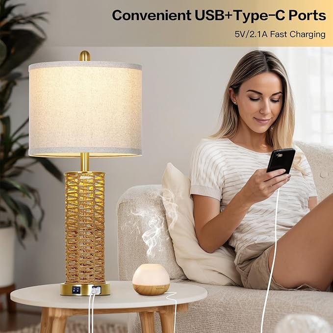 27" Natural Rattan Table Lamps Set of 2, Boho Bedside Lamp for Bedroom with Night Light, Woven Wicker Nightstand Lamps with 2 USB Ports & AC Outlet, Tall Farmhouse Living Room Lamp, Gold - Bloomnest
