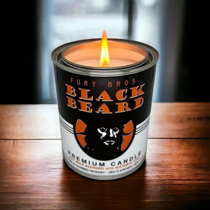 Fury Bros. Scented Candles for Men | Black Beard | Gunpowder & Charred Hickory | Natural Soy Wax | Hand-Poured in the USA | Long 70-80 Hour Burn (12.5 oz) | Vintage-inspired Tin Design | Dad Home Gift - Bloomnest