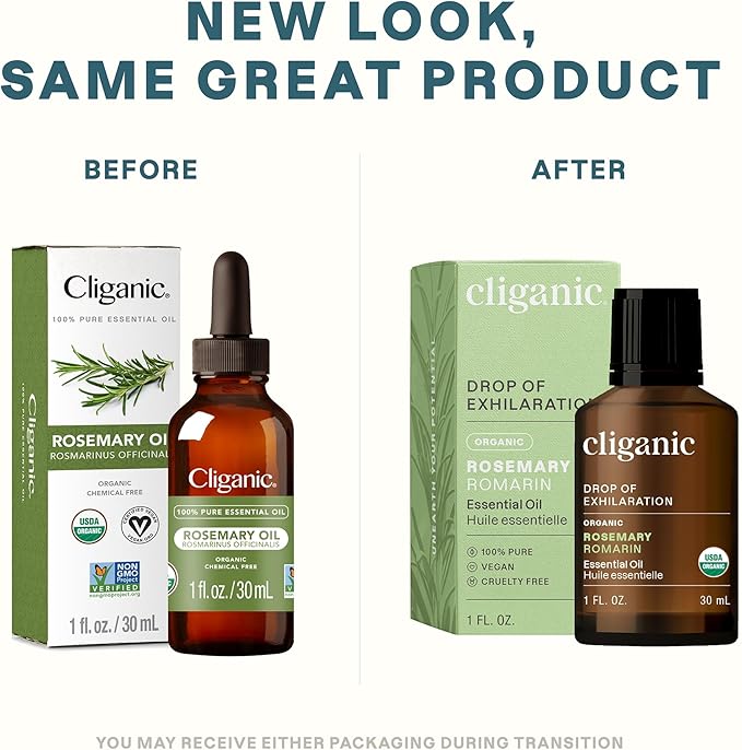 Cliganic Organic Rosemary Essential Oil, 1oz - 100% Pure Natural Undiluted, for Aromatherapy | Non-GMO Verified (Packaging May Vary) Cliganic
