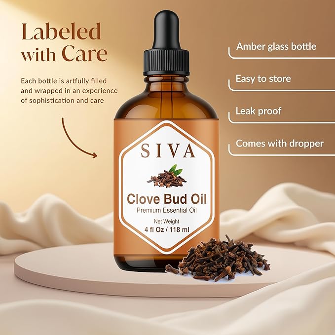 Siva Clove Bud Essential Oil - 4 Fl Oz – 100% Natural Clove Oil - for Diffuser, Face, Skin Care, Aromatherapy, Hair Care, Scalp and Body Massage - with Dropper - Bloomnest
