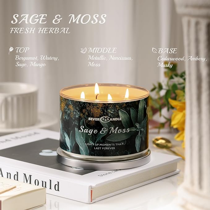 4-Wick Scented Candle - 18oz Soy Wax Blend Candle Over 50Hrs Long-Lasting Fragrance, Home Decor and Housewarming Gifts, Sage & Moss - Bloomnest