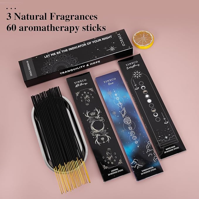 Incense Sticks Set of 60 - Organic Sandalwood, White Sage & Jasmine for Relaxation, Meditation & Aromatherapy, Long-Lasting Sensory Sticks (Black) YINECO