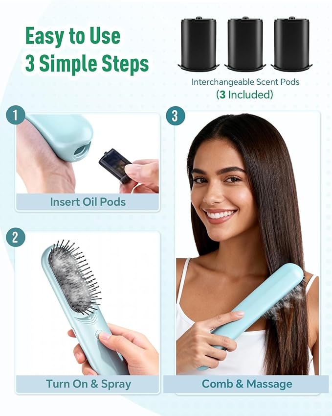 BONNET QUEEN 3-in-1 Electric Scalp Massager & Mist Hair Brush for Curly Hair, Deep Conditioning, Frizz Control, Stress-Relief, Home and Travel Hairbrush for Women, Green BonnetQueen