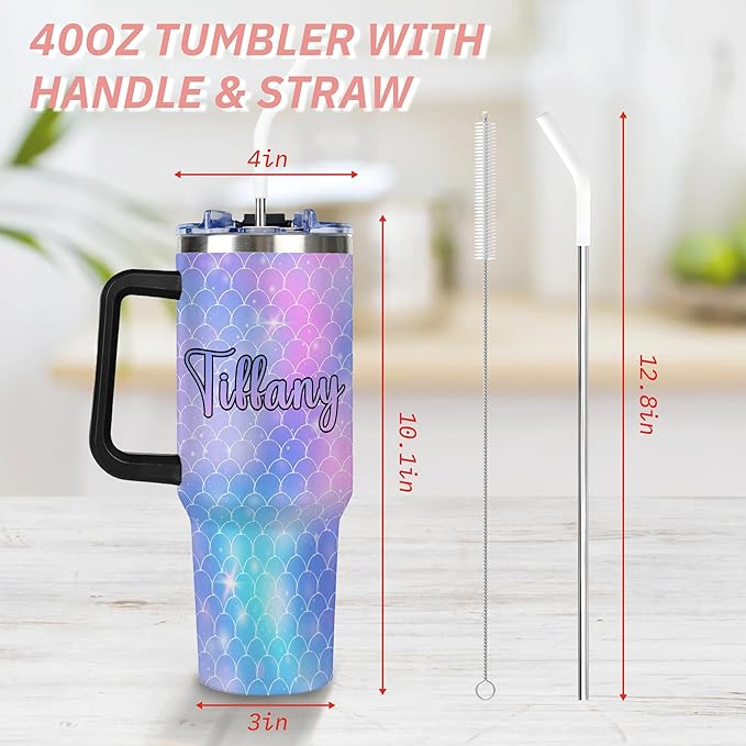 Personalized Mermaid Scales Tumbler with Names, Custom 40oz Tumblers with Handle and Straw Lid, Insulated Stainless Steel Cup, Travel Coffee Mug, Gifts for Christmas Birthday Anniversary Women Her - Bloomnest