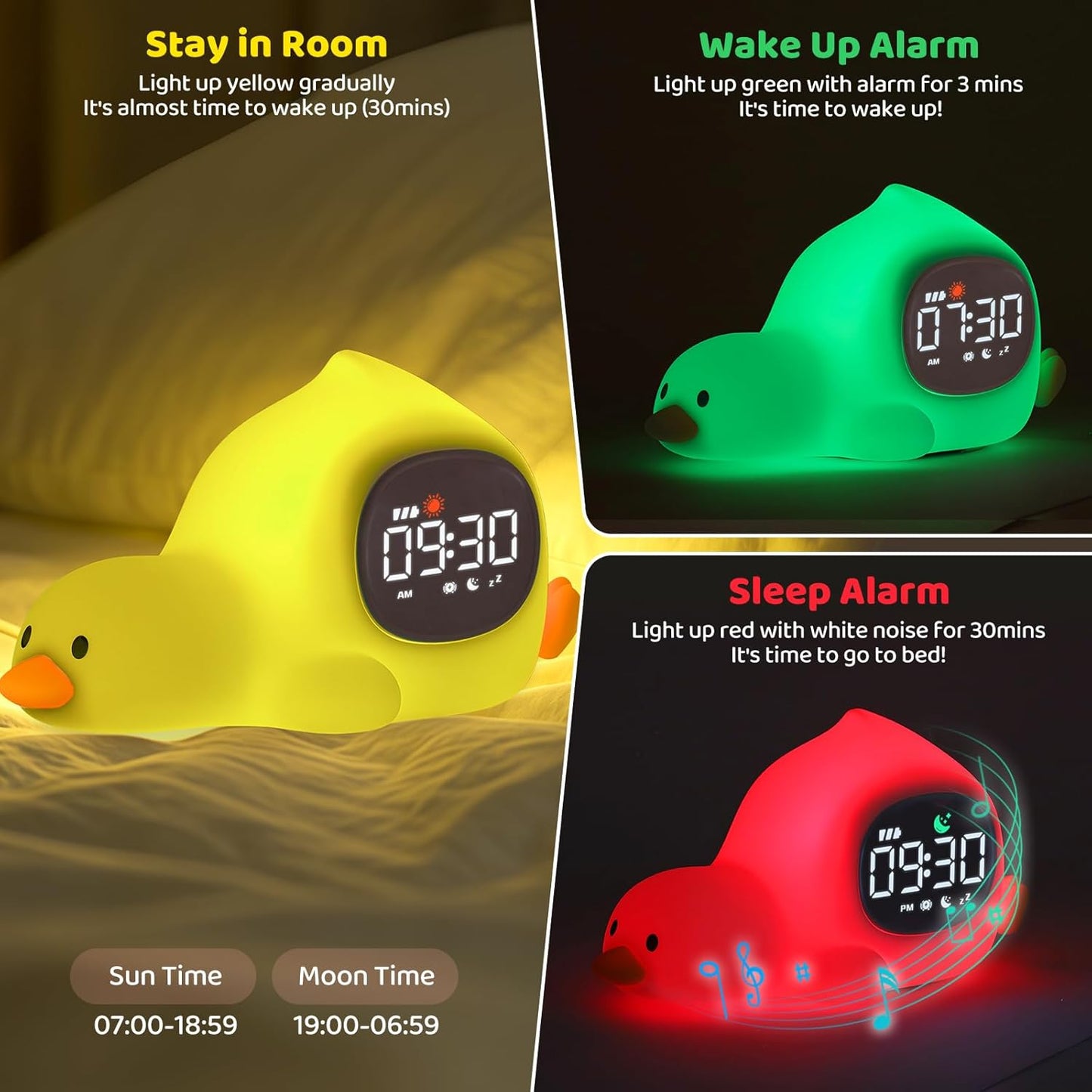 Laying Duck Alarm Clock with Night Light for Kids with Sleep Training and Sound Machine, Rechargeable Silicone Lamp OK to Wake Clock，Cute Animal Tabletop Lamp, Perfect Sleep Companion for Boys Girls