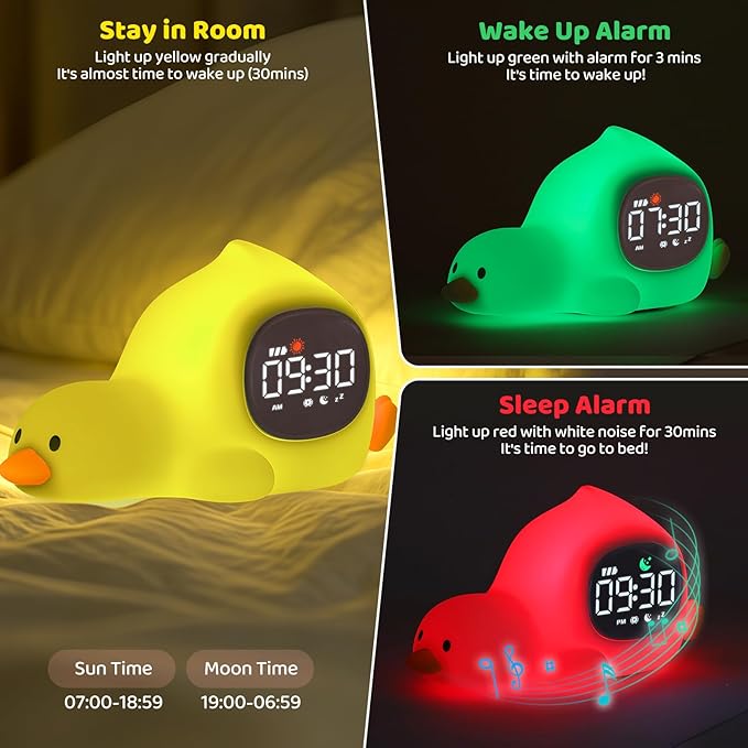 Laying Duck Alarm Clock with Night Light for Kids with Sleep Training and Sound Machine, Rechargeable Silicone Lamp OK to Wake Clock，Cute Animal Tabletop Lamp, Perfect Sleep Companion for Boys Girls - Bloomnest