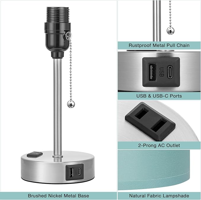 Teal Bedside Lamp for Nightstand - 3 Color Temperature Table Lamp with USB C and A Ports, Pull Chain Lamp for Bedroom with AC Outlet, Coastal Desk Lamp with Silver Metal Base for Kids Girls - Bloomnest