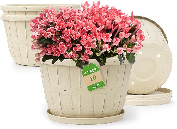 Quarut 10 inch Plastic Flower Pots for Indoor Plants，4 Pack Large Outdoor Planter Pot with Drainage Holes & Saucers，Imitation Wine Barrel Design，for Indoor Outdoor Garden Plants（White） - Bloomnest