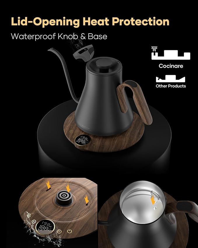 Cocinare FLOW B9 Gooseneck Electric Kettle, Precise Temperature Control for Pour-Over Coffee & Tea Brewing, Stainless Steel Interior, Rapid Heating for Boiling Water 1500W/0.9L (Obsidian Black) - Bloomnest