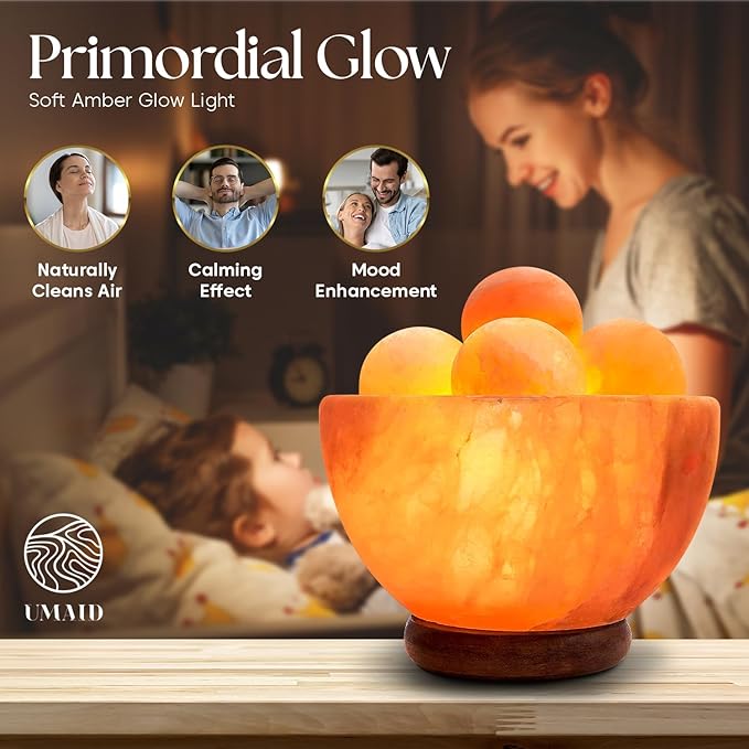 UMAID Himalayan Salt Lamp Bowl with 6 Massage Balls – Dimmable Natural Pink Rock Salt Lamp for Relaxation, Meditation,Yoga, Spa, Office, Bedroom, Wellness, Home Decor, and Unique Gift - Bloomnest