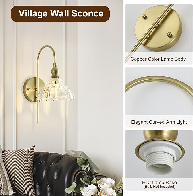 Vintage Wall Sconces with Clear Flower Glass Lampshade, Indoor Bath-Room Wall Sconce, Modern Gold Industrial Lighting Fixture for Mirror Living Room Hallway 1 Pack - Bloomnest