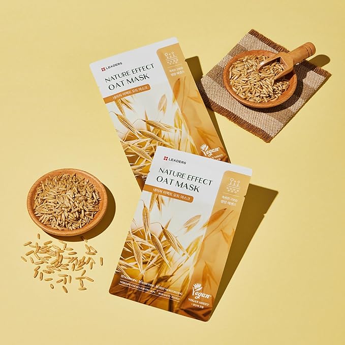 LEADERS Nature Effect Oat Mask - Hydrating & Soothing Face Mask for Dry, Irritated Skin | Nourishes, Soothes, Dryness with Oat Extract | Serum Content, Vegan Certified - 10 Sheets - Bloomnest