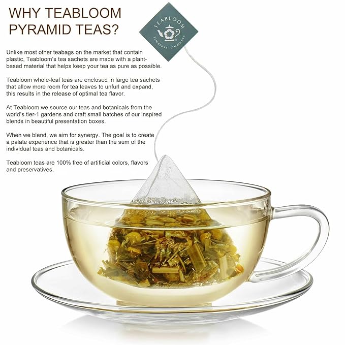 Teabloom Lemon Mint Chamomile Pyramid Tea Presentation Box, 12 Herbal Tea Blends, Whole-Leaf Pyramid Tea Sachets - Bloomnest