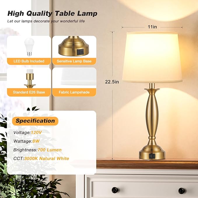 White Gold Lamps for Bedrooms Set of 2 - Touch Control Bedside Lamp with USB C+A, 3 Way Dimmable Nightstand Lamps with USB Port, Table Lamp for Living Room(White Shade and Gold Base) - Bloomnest