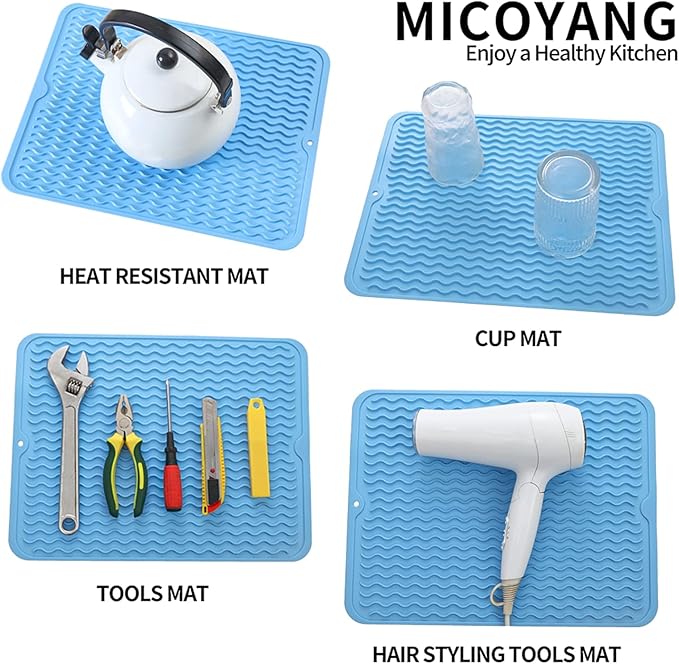 Silicone Dish Drying Mat for Multiple Usage,Easy clean,Eco-friendly,Heat-resistant Silicone Mat for Kitchen Counter or Sink,Refrigerator or drawer liner Light Blue L 16 inches x 12 inches - Bloomnest