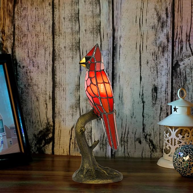 Cardinal Tiffany Style Accent Table Lamp in Height 14.5" Overall, Handmade Stained Glass Red Bird Lamp for Bedside Livingroom Bedroom Home Decoration (Red Cardinal) - Bloomnest