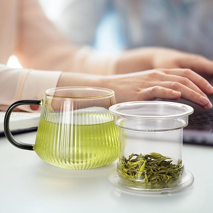 Lezero Tea Infuser Cup with Filter and Lids, Borosilicate Glass Mugs with Strainer for Blooming & Loose Leaf, Lead-free, Microwave & Dishwasher Safe, 14oz - Bloomnest