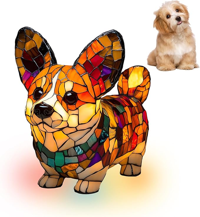 Atlodas Corgi Lamp, Retro Stained Resin Tabletop Night Light, Dog Series Art Night Light, Dog Lamp Stained Glass, 3D Cute Pet LED Table Lamps, Gift for Lovers (#04, 5.9inches) - Bloomnest