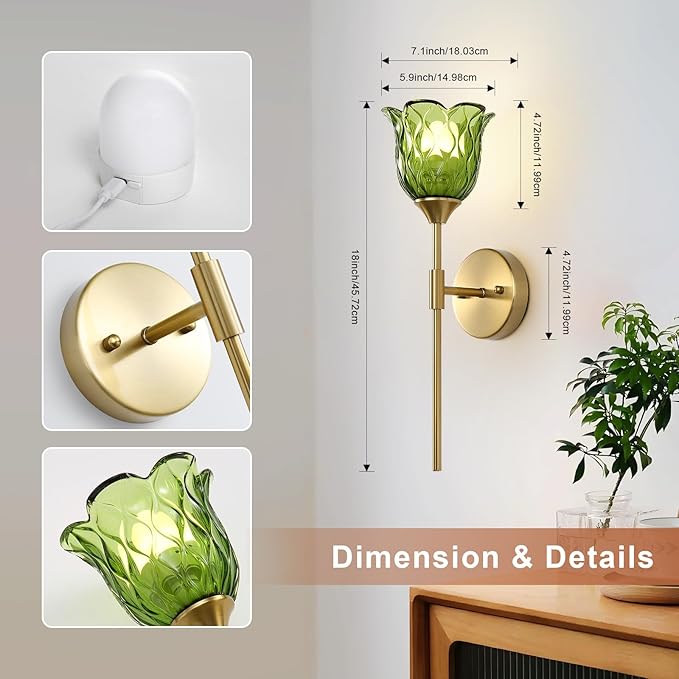 2 Pack Vintage Battery Operated Wall Sconce with Green Glass Lampshade, Wireless Rechargeable Battery Powered RGB Wall Light with Remote Control, for Bedside Bedroom Doorway - Bloomnest