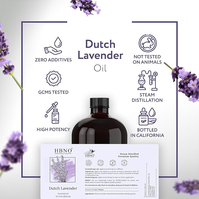 HBNO Lavender Dutch Oil - 32 oz (950 ml) Large Size - Ideal for Shampoos, Conditioners, Mouth Washes, Face wash, Lotions, and Skin Care Products (Glass Bottle). - Bloomnest