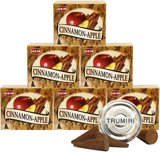 TRUMIRI Incense Cone Holder Bundle with Hem Cinnamon Apple Incense Cones - Pack of 6 (Approx 60 Cones) TRUMIRI