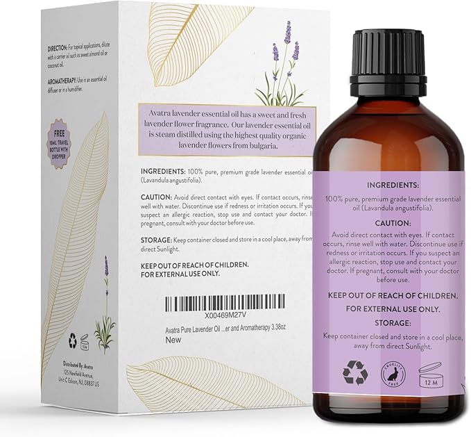 Avatra Lavender Essential Oil 100ML (3.38 OZ) with Glass Dropper and Travel Bottle, Pure and Natural Therapeutic Grade Lavender Oil for Diffuser, Aromatherapy, Massage, and DIY Candle Products - Bloomnest