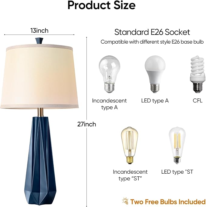 WIHTU 3 Color Temperature Table Lamps Set of 2, 27'' Navy Blue Modern Table Lamp for Living Room, Beside Lamp with Linen Shade, Resin Desk Lamp for Nightstands Bedroom Office Decor (2 Bulbs Included) - Bloomnest