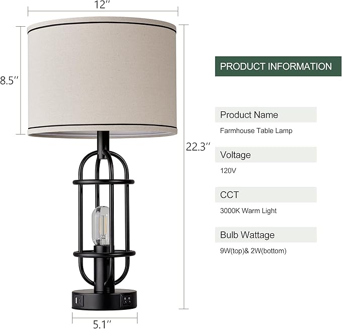 Black Table Lamps for Living Room Set of 2, 22.3" Farmhouse Lamps for Nightstand, Industrial Table Lamps for Bedroom with USB Ports, Bulbs Included - Bloomnest