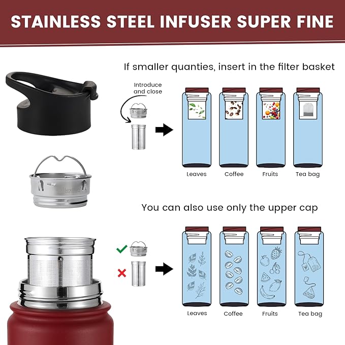 Lexlion Tea Infuser Water Bottle 22 Oz – Triple Wall Insulated Stainless Steel, Loose Leaf & Fruit Strainer, 3 Leakproof Lids, BPA-Free Silicone Sleeve, Reusable Thermal Mug - Bloomnest