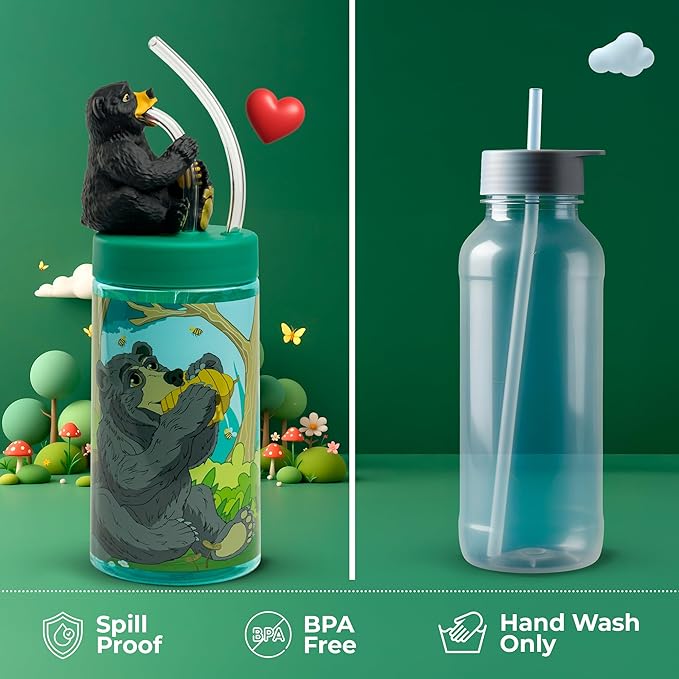 Regional Black Bear Cup, Water Bottle, Tumbler with Lid and Straw, Travel Sippy Cup for Water or Milk, Cups with Lids BPA Free Plastic, 12 oz - Bloomnest