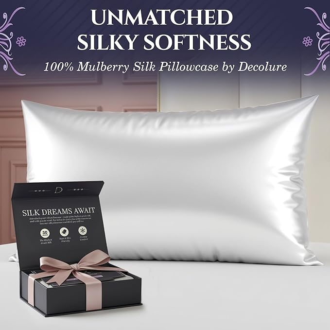 DECOLURE 100% Pure Mulberry Silk Pillow Case Queen Size – Highest Grade 30 Momme 6A+, Luxuriously Soft & Cooling Silk Pillowcase for Hair & Skin, Hypoallergenic, Breathable, Hidden Zipper (White) - Bloomnest