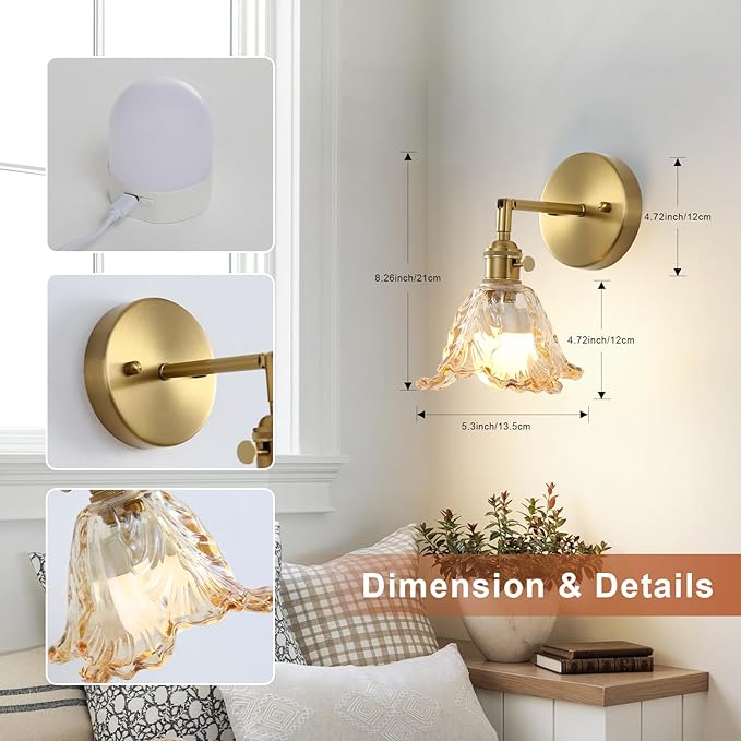 2 Pack Vintage Battery Operated Wall Sconces, Cabbage Amber Lampshade & 180 Degree Adjustable, Wireless Rechargeable RGB Wall Light with Remote Control, for Bedroom Living Room Hallway Aisle - Bloomnest