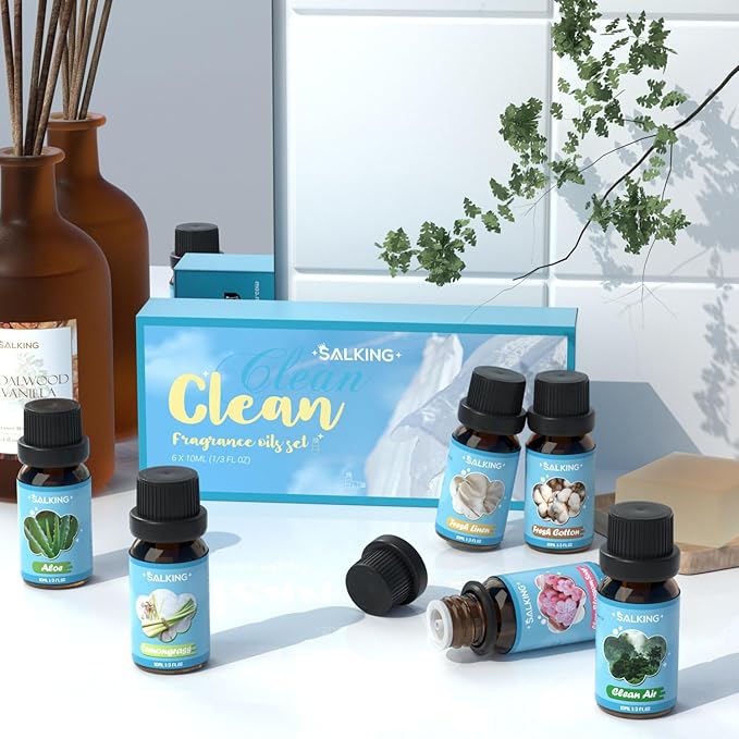 SALKING Clean Fragrance Oils Set, Premium Essential Oil for Diffuser, Scented Oil Gift Set for Soap Candle Making - Lemongrass, Fresh Cotton, Fresh Linen, Cherry Blossom Soap, Clean Air, Aloe - Bloomnest