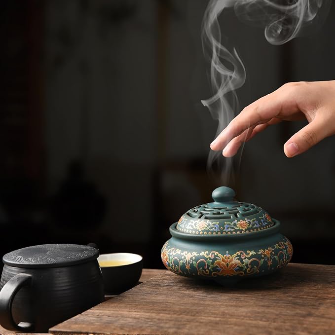 Ceramic Incense Burner with Incense Holder+ Fireproof Cotton,Handmade Smudging Burn Bowl for Stick or Coil Incense,Sage Cones,Frankincense and Mosquito Incense (Enamel) - Bloomnest