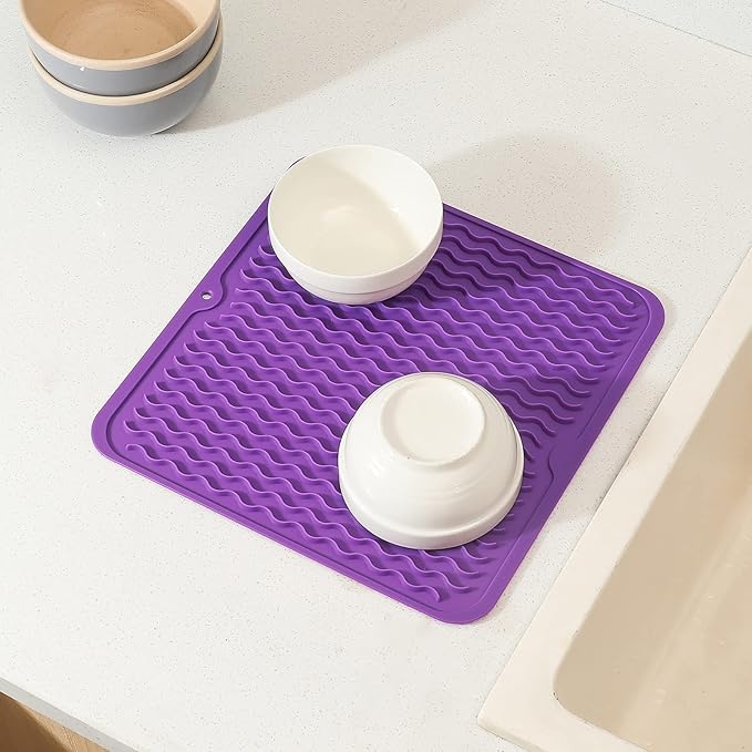 Silicone Dish Drying Mat for Multiple Usage,Easy clean,Eco-friendly,Heat-resistant Silicone Mat for Kitchen Counter or Sink,Refrigerator or Drawer liner Purple M 12 inches x 12 inches - Bloomnest