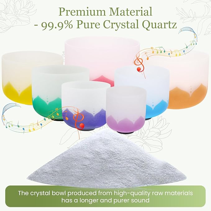 432HZ 6-12 Inch 7 Pcs Lotus Frosted Crystal Singing Bowl Set for Meditation Healing Yoga Chakra Quartz Crystal Sound Bowls with Heavy Duty Carry Cases and Rubber Mallet,Suede Striker,O-rings - Bloomnest