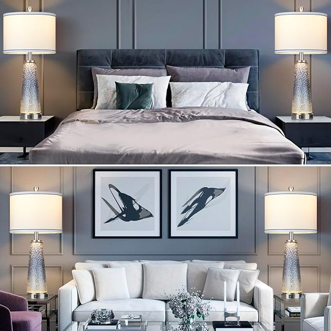 Coastal Glass Table Lamps for Living Room, 26" Table Lamps with USB A+C Ports & AC Outlet, Touch Control Bedside Nightstand Lamp with Crystal Night Light for End Table Office Desk Blue(Bulbs Included) - Bloomnest