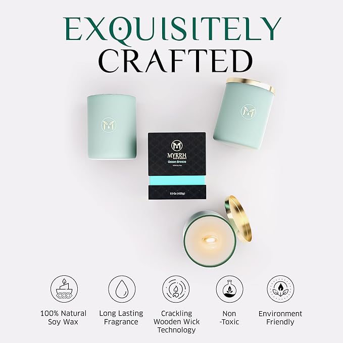 MyrrhUSA Ocean Breeze Scented Candle – 15 oz Natural Soy Wax with Crackling Wooden Wick & Essential Oils | 80 Hour Burn | Luxury Aromatherapy Candle for Relaxation, Home Décor, Living Room & Bathroom - Bloomnest