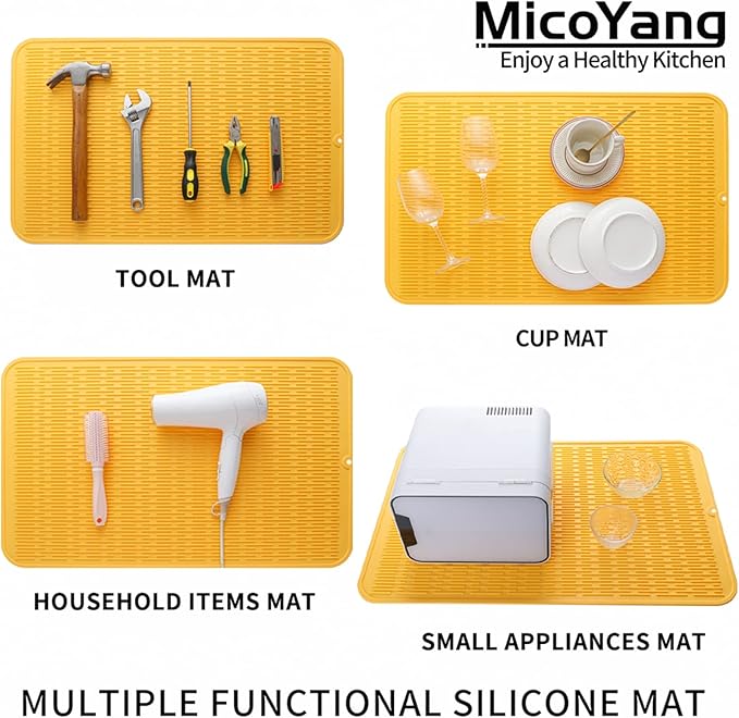 Silicone Dish Drying Mat for Multiple Usage,Easy clean,Eco-friendly,Heat-resistant Silicone Mat for Kitchen Counter or Sink,Refrigerator or Drawer Liner Yellow 3XL 28 inches x 18 inches - Bloomnest