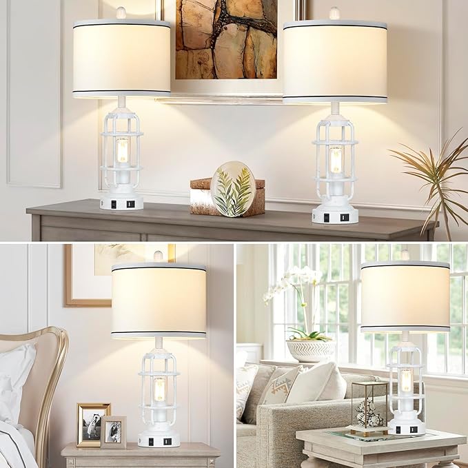 Farmhouse Lamps Set of 2, White Vintage Rustic Industrial Lamps with USB A+C Charging Ports & AC Outlet, 3 Way Dimmable Touch Control Table Lamp with LED Night Light for Living Room Bedrooms Office - Bloomnest