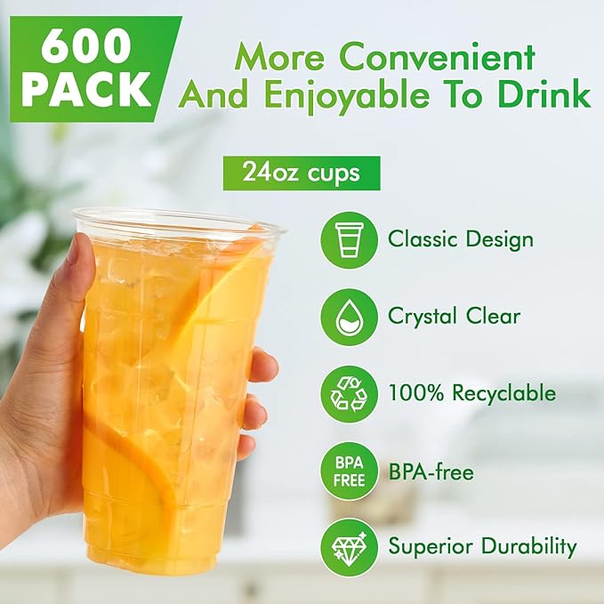 Lilymicky 600 Pack 24 oz Clear Plastic Cups, PET Disposable Drinking Cups, Crystal Clear, Perfect for Ice Coffee, Smoothie, Soda, or Any Cold Drinks - Bloomnest